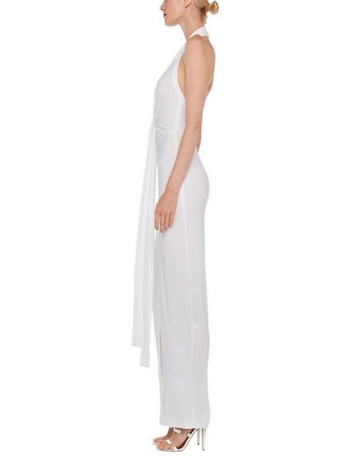 Long sleeveless white jersey women's dress with sash Norma Kamali | ST1243HPD51944SNOW WHITE